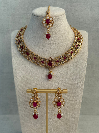 Ayura Designs Biju Set with Necklace, Earrings & Tikka – Fuchsia Pink & Ivory Pearls, Mirror-Cut Stones, Antique Gold Finish