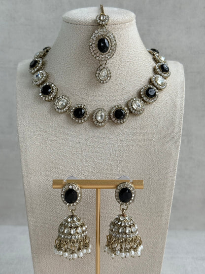 Ayura Designs Eira Necklace Set with Earrings & Tikka – Black & Crystal Stones with Antique Gold Finish