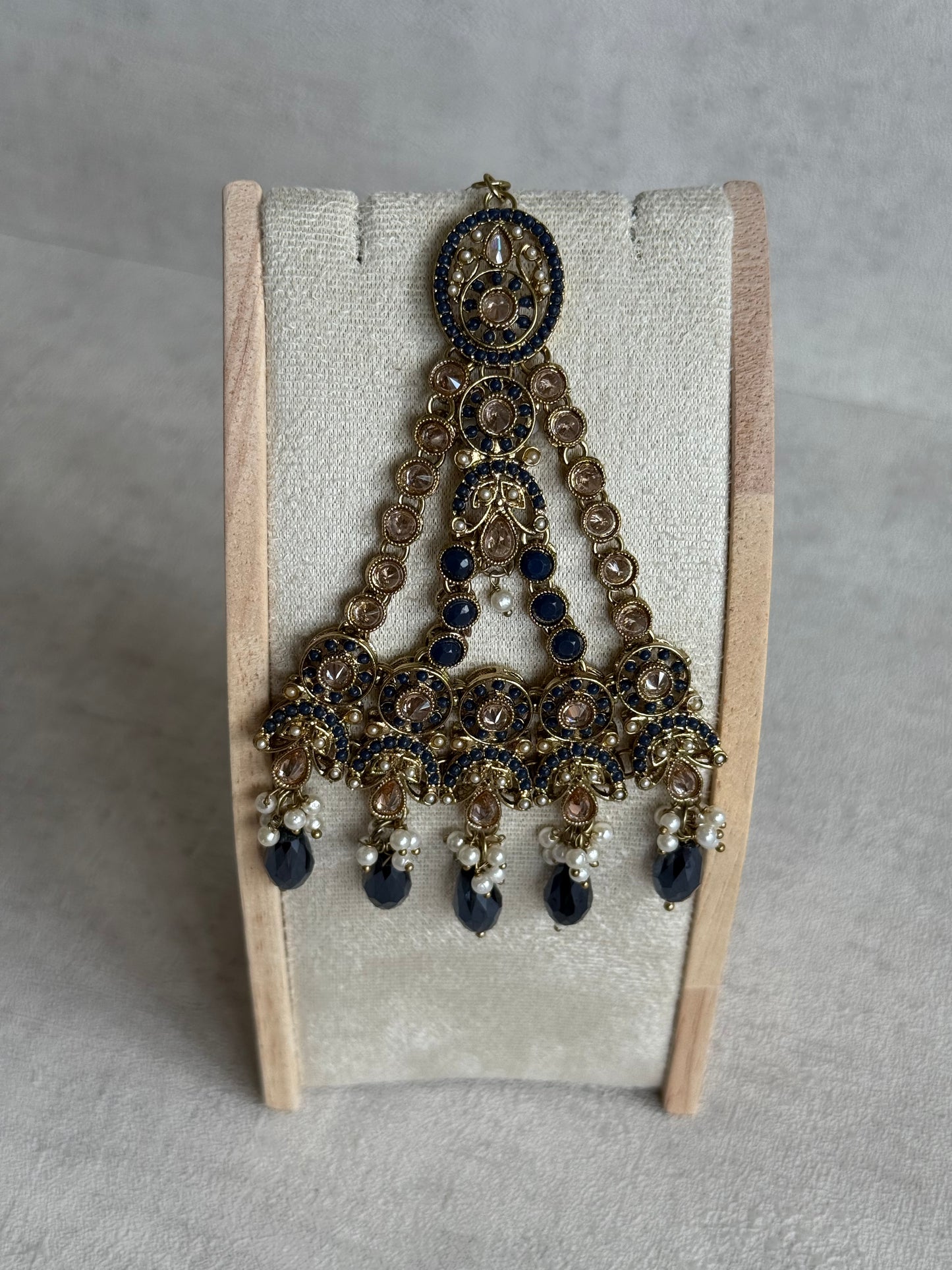 Ayura Designs Almas Tikka Set with Earrings, Tikka & Sahara – Midnight Blue Beads & Antique Gold Finish