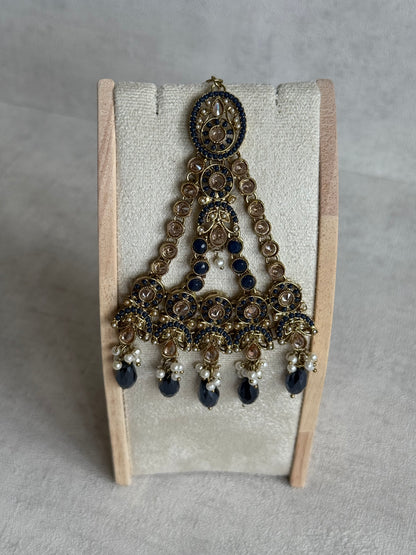 Ayura Designs Almas Tikka Set with Earrings, Tikka & Sahara – Midnight Blue Beads & Antique Gold Finish