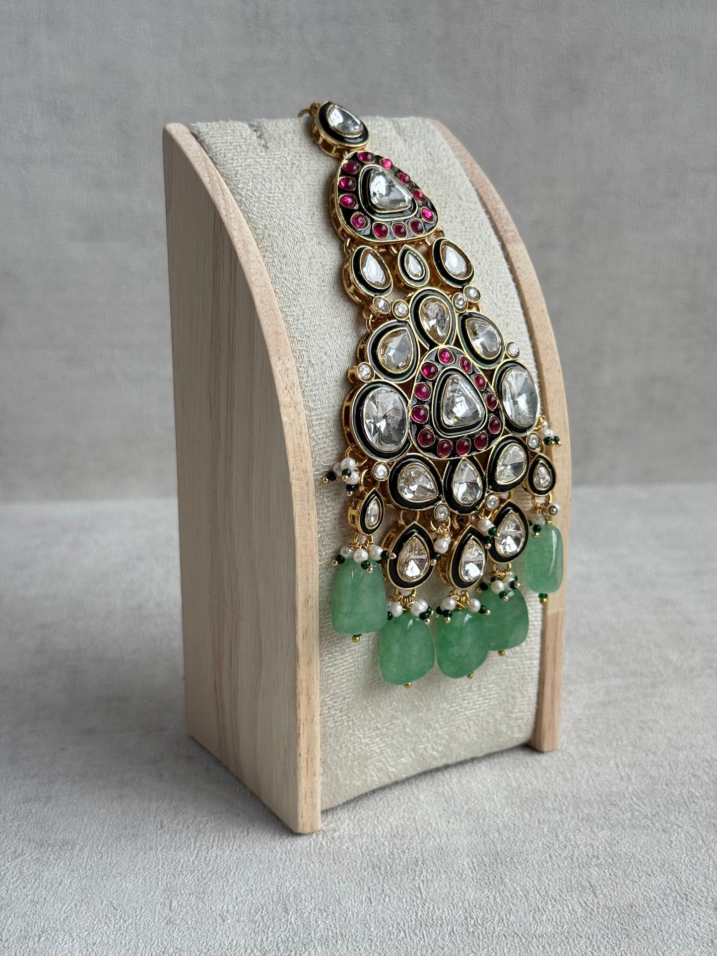 Ayura Designs Salma Jhoomar Passa – Jade Green Drops with Kundan Stones & Antique Gold Finish