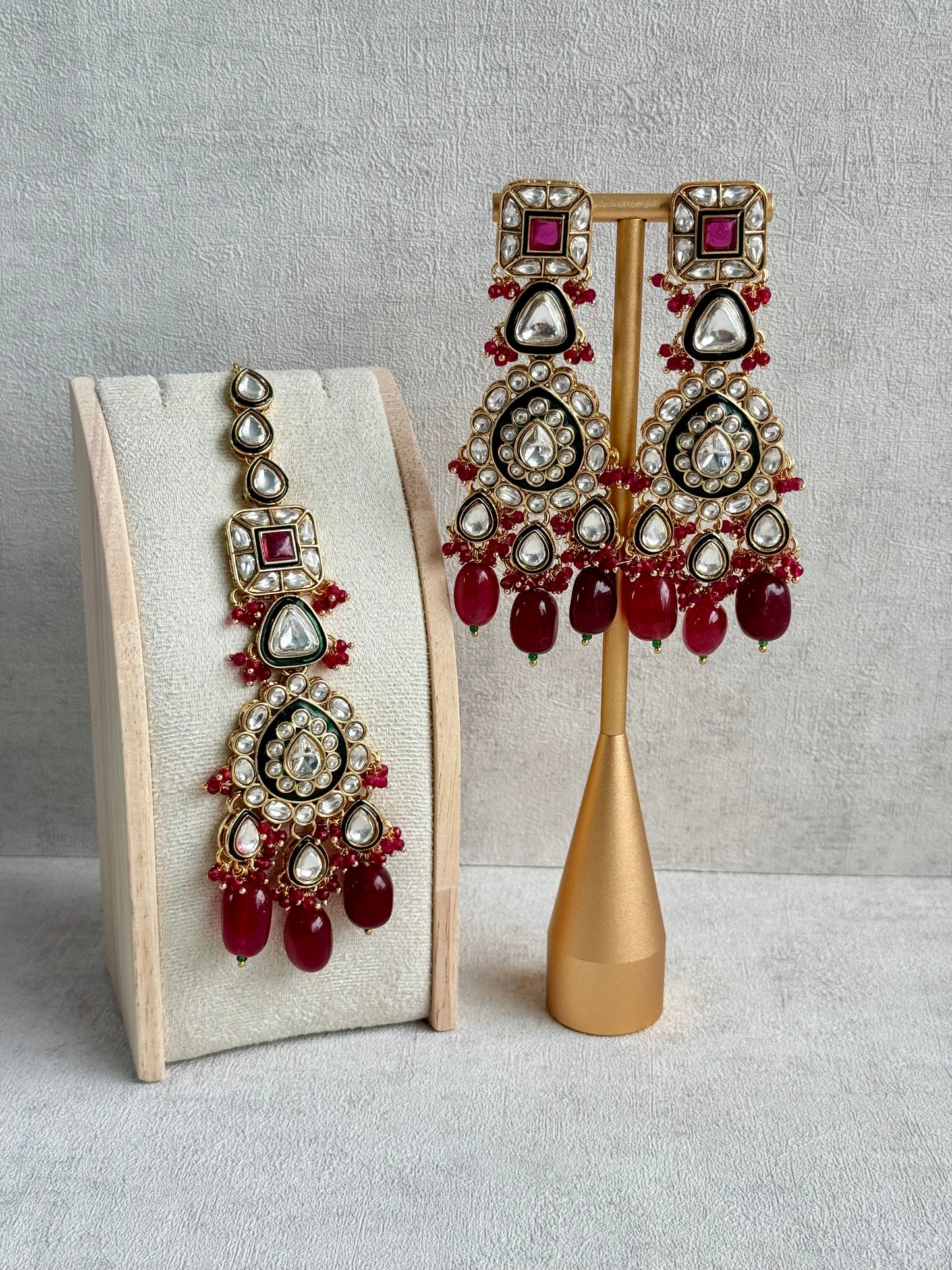 Ayura Designs Zahira Bridal Set with Necklace, Earrings & Tikka – Kundan Detailing with Green Enamel, Ruby Pink Stones & Maroon Bead Drops