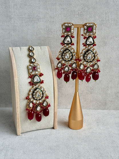 Ayura Designs Zahira Bridal Set with Necklace, Earrings & Tikka – Kundan Detailing with Green Enamel, Ruby Pink Stones & Maroon Bead Drops