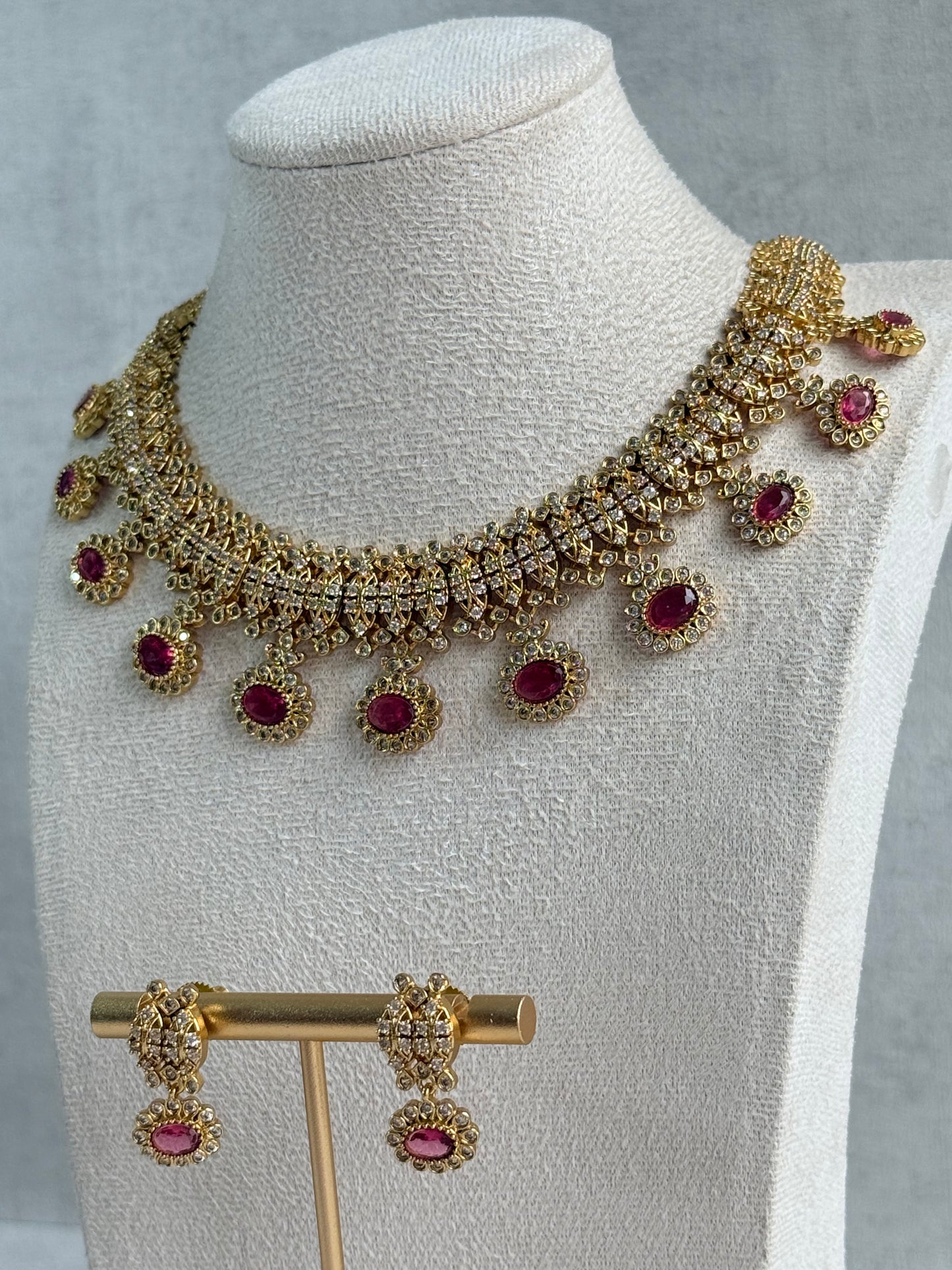 Ayura Designs Elisha Necklace Set with Earrings – Rani Pink & Crystal Stone Detailing