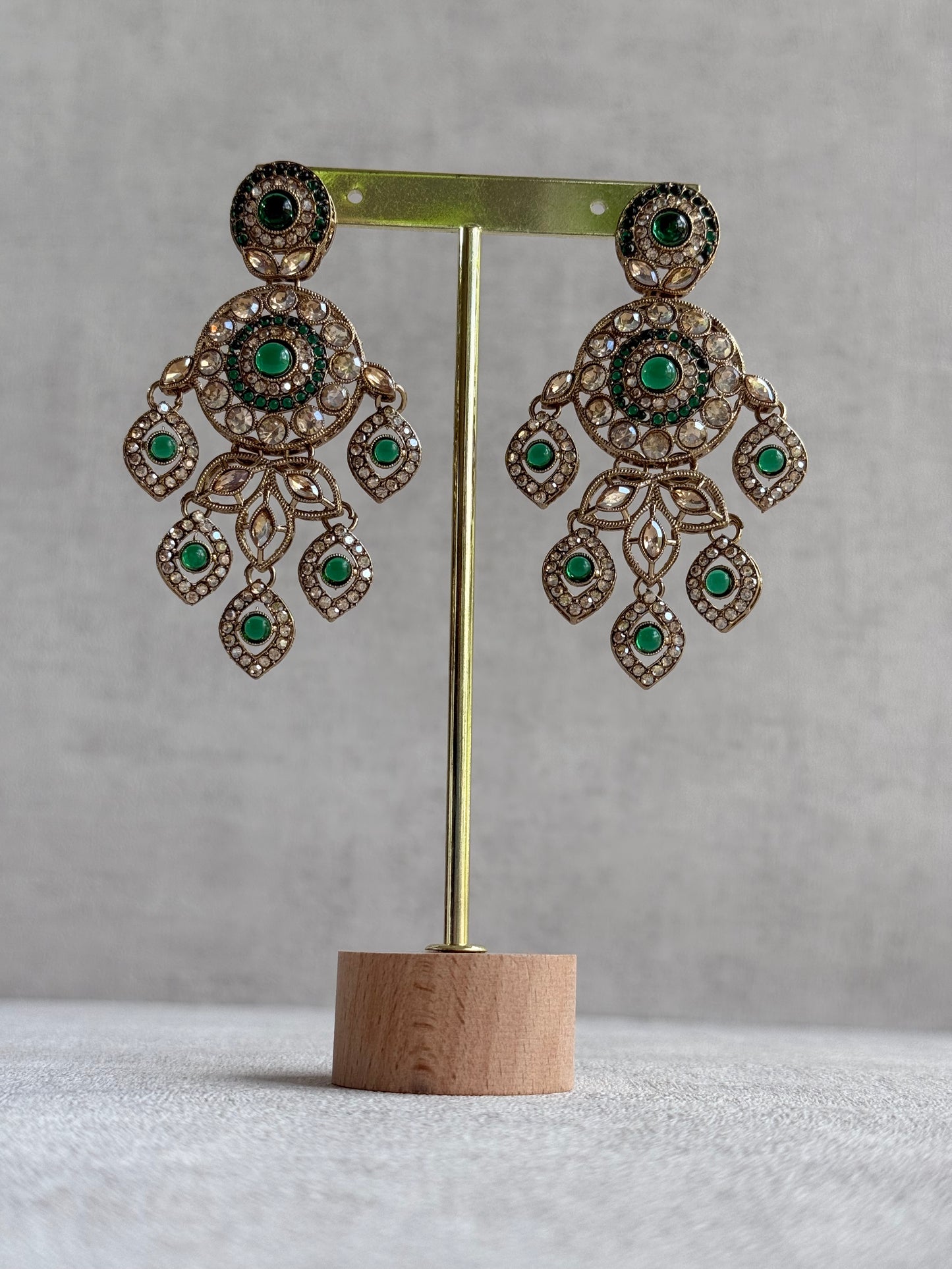 Ayura Designs Vanika Earrings – Emerald Green & Champagne Crystal Gold Finish