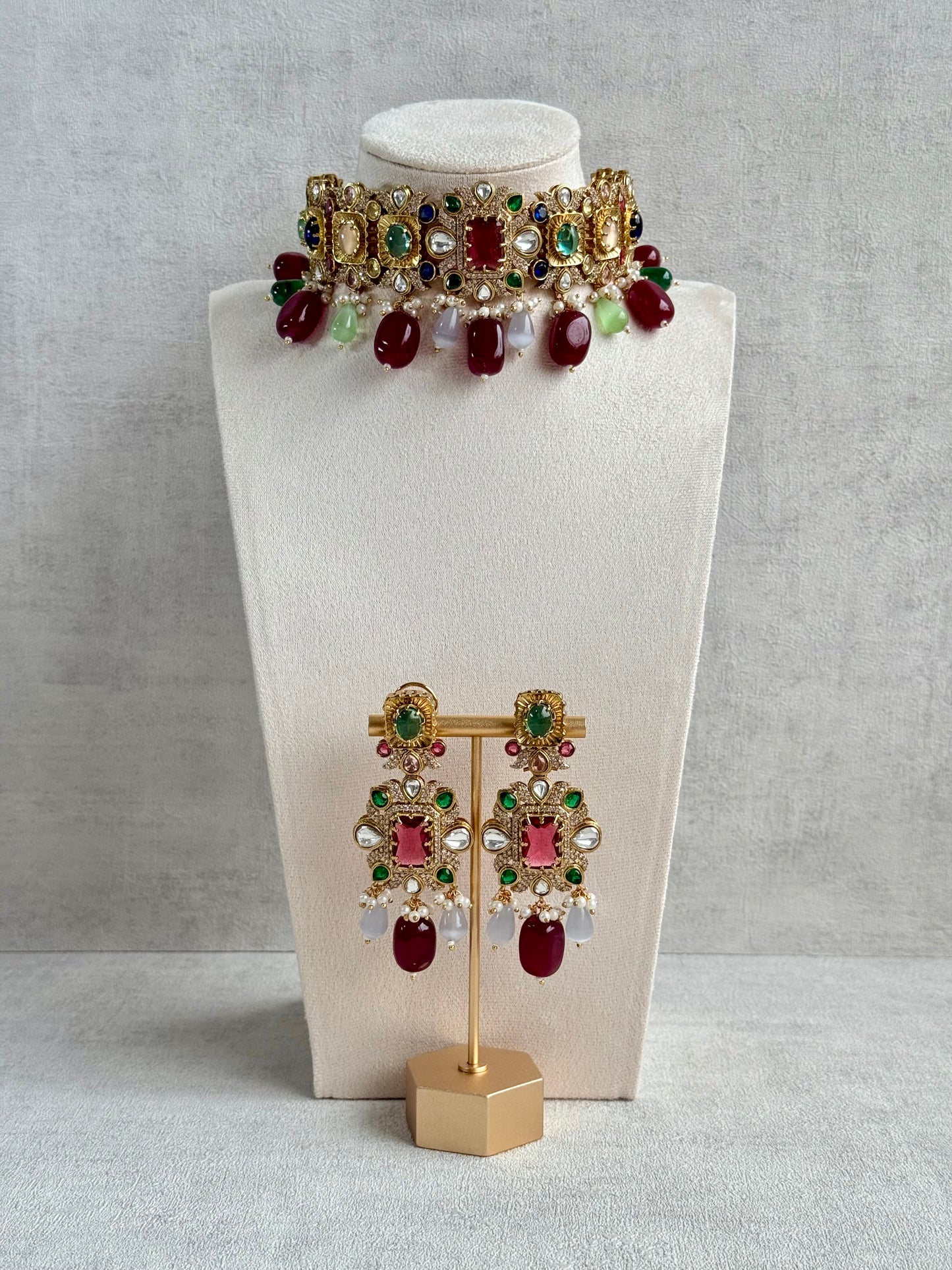 Ayura Designs Hazel Choker Set with Earrings – Multicolour Crystals & Ruby Drop Beads