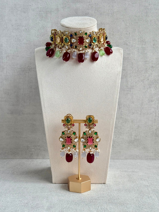 Ayura Designs Hazel Choker Set with Earrings – Multicolour Crystals & Ruby Drop Beads