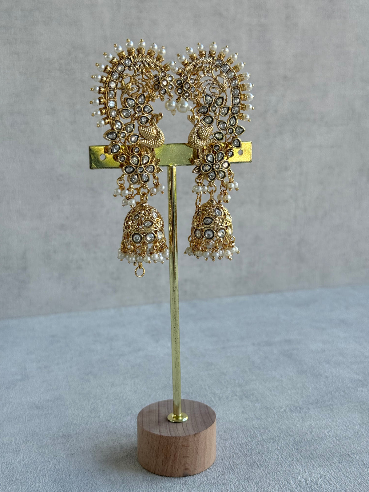 Ayura Designs Nitya Kaanphool Jhumkis – Gold Half Ear Cuff Earrings, Peacock Motifs, Kundan, Ivory Pearl Drops & Sahare