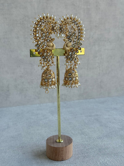 Ayura Designs Nitya Kaanphool Jhumkis – Gold Half Ear Cuff Earrings, Peacock Motifs, Kundan, Ivory Pearl Drops & Sahare