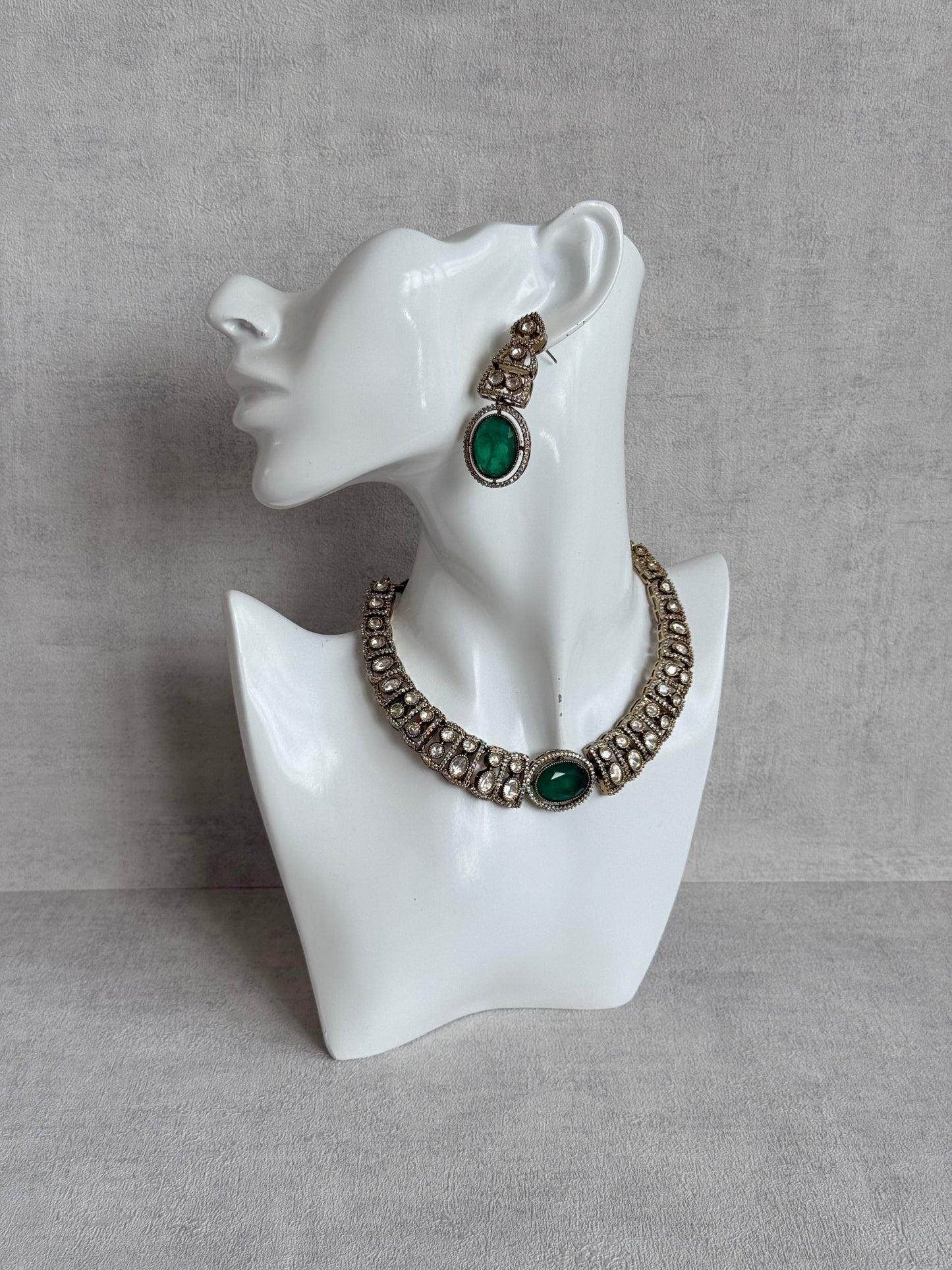Ayura Designs Sadie Necklace Set with Earrings – Emerald Green Centre Stone, Moissanite Style Stones & Crystal Halo Detailing