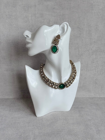 Ayura Designs Sadie Necklace Set with Earrings – Emerald Green Centre Stone, Moissanite Style Stones & Crystal Halo Detailing
