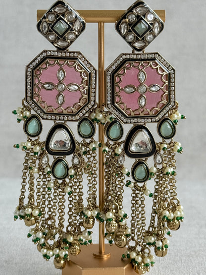 Ayura Designs Ashna Choker Set with Tikka and Earrings – Rose Pink, Mint Green & Kundan with Chains & Ghungroos in Antique Gold Finish