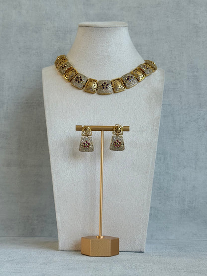 Ayura Designs Vibha Necklace & Stud Earrings Set – Gold Floral Statement Design with Ruby Pink & Crystal Detailing