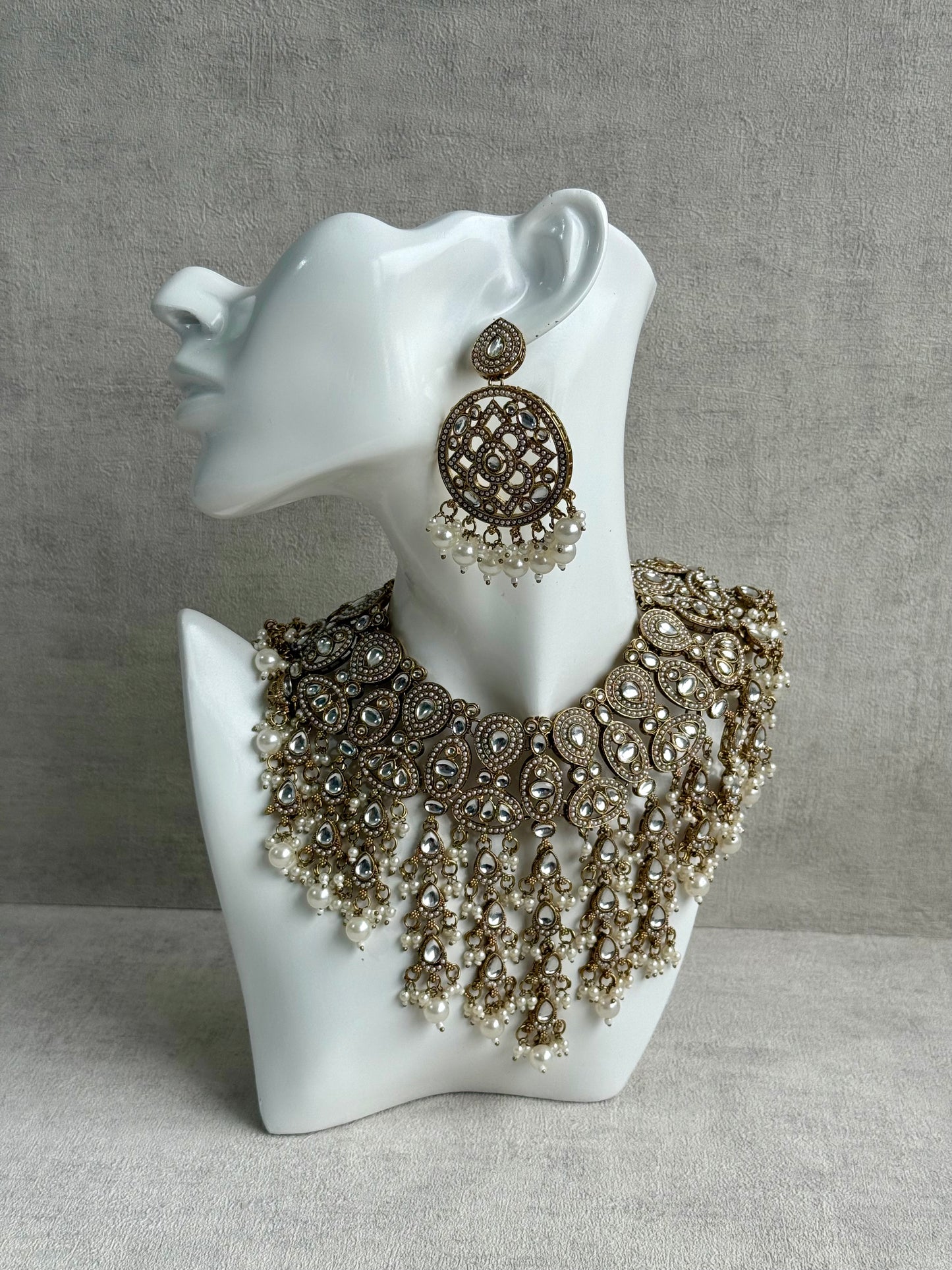 Ayura Designs Tanya Bridal Set with Necklace, Earrings & Tikka – Ivory Pearls, Mirror-Cut Stones & Antique Gold Finish