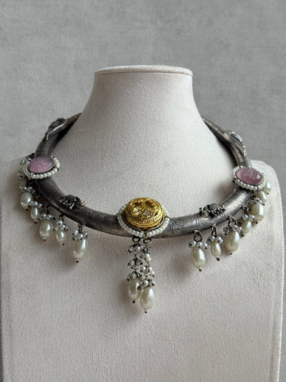 Ayura Designs Zareen Torque Necklace Set with Earrings – Dual Tone Oxidised Collar Necklace with Coin Detailing, Pearl Drops & Peacock Motifs