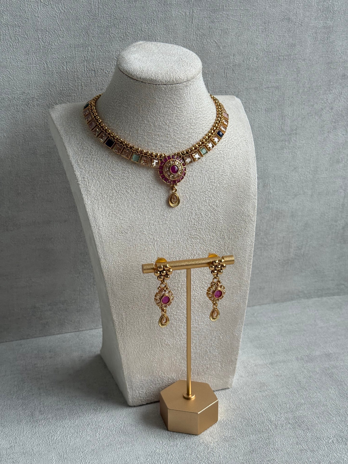 Ayura Designs Nithya Set – Gold Necklace & Earrings with Multicolour Stones and Ruby Centre
