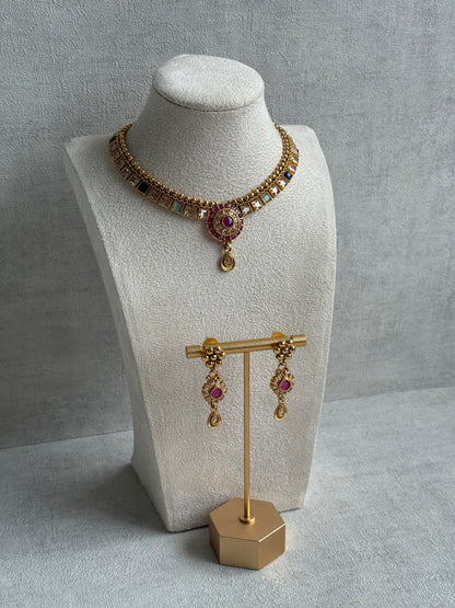 Ayura Designs Nithya Set – Gold Necklace & Earrings with Multicolour Stones and Ruby Centre