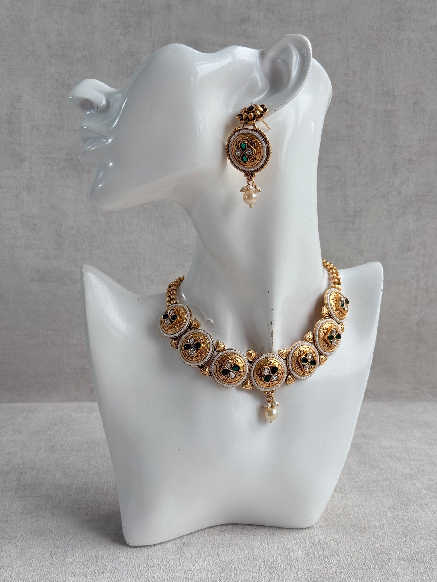 Ayura Designs Kaya Necklace Set with Earrings – Emerald Green Kundan Stones, Pearls & Antique Gold Finish