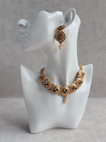Ayura Designs Kaya Necklace Set with Earrings – Emerald Green Kundan Stones, Pearls & Antique Gold Finish