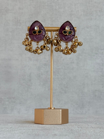 Ayura Designs Aykai Earrings – Plum Carved Teardrop Stud Earrings with Clear Kundan Stones and Gold Ghungroo Drops