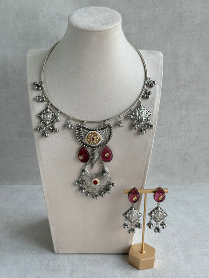 Ayura Designs Jiyana Collar Necklace Set – Rose Pink Carved Teardrop Stones & Oxidised Silver Finish