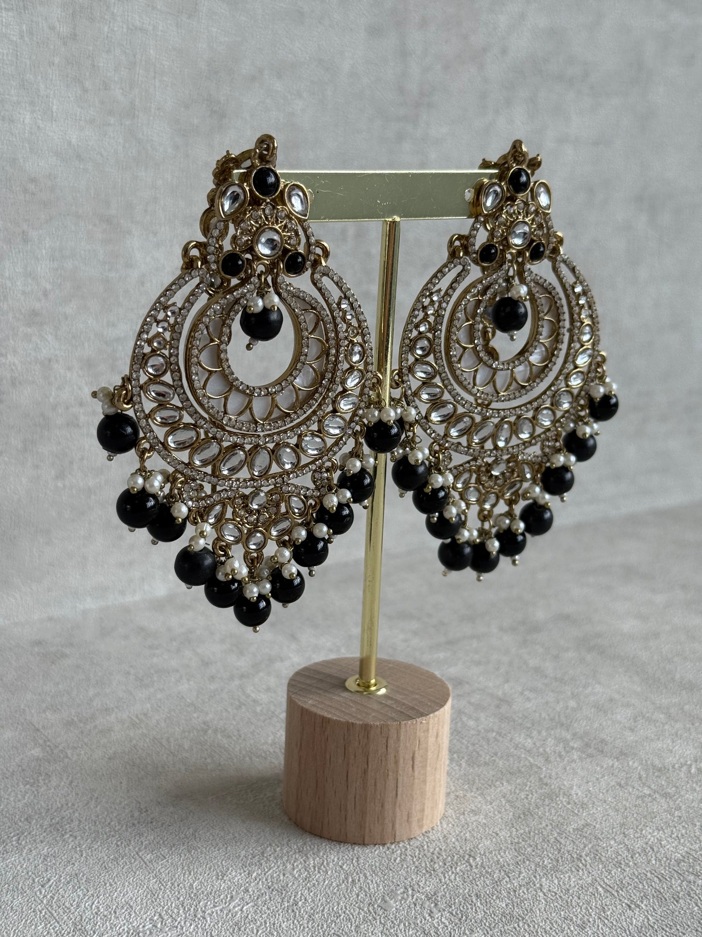 Ayura Designs Rabia Chandbalis – Antique Gold Kundan Earrings with Black Beads, Pearls & Attached Sahare