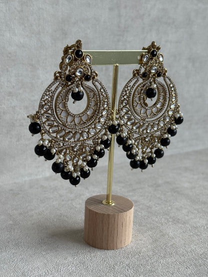Ayura Designs Rabia Chandbalis – Antique Gold Kundan Earrings with Black Beads, Pearls & Attached Sahare