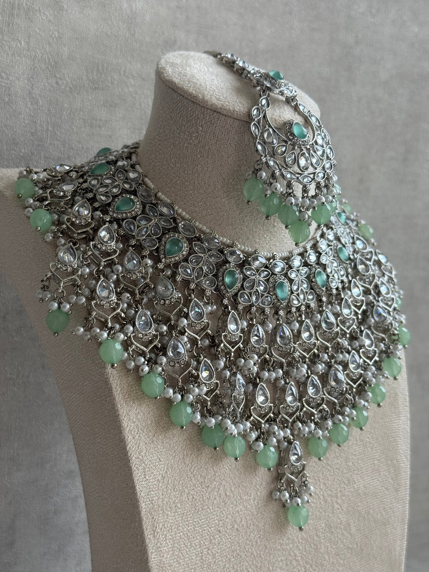Ayura Designs Eknoor Set – Necklace, Tikka & Earrings with Pistachio Green Beads, Pearls and Silver Finish