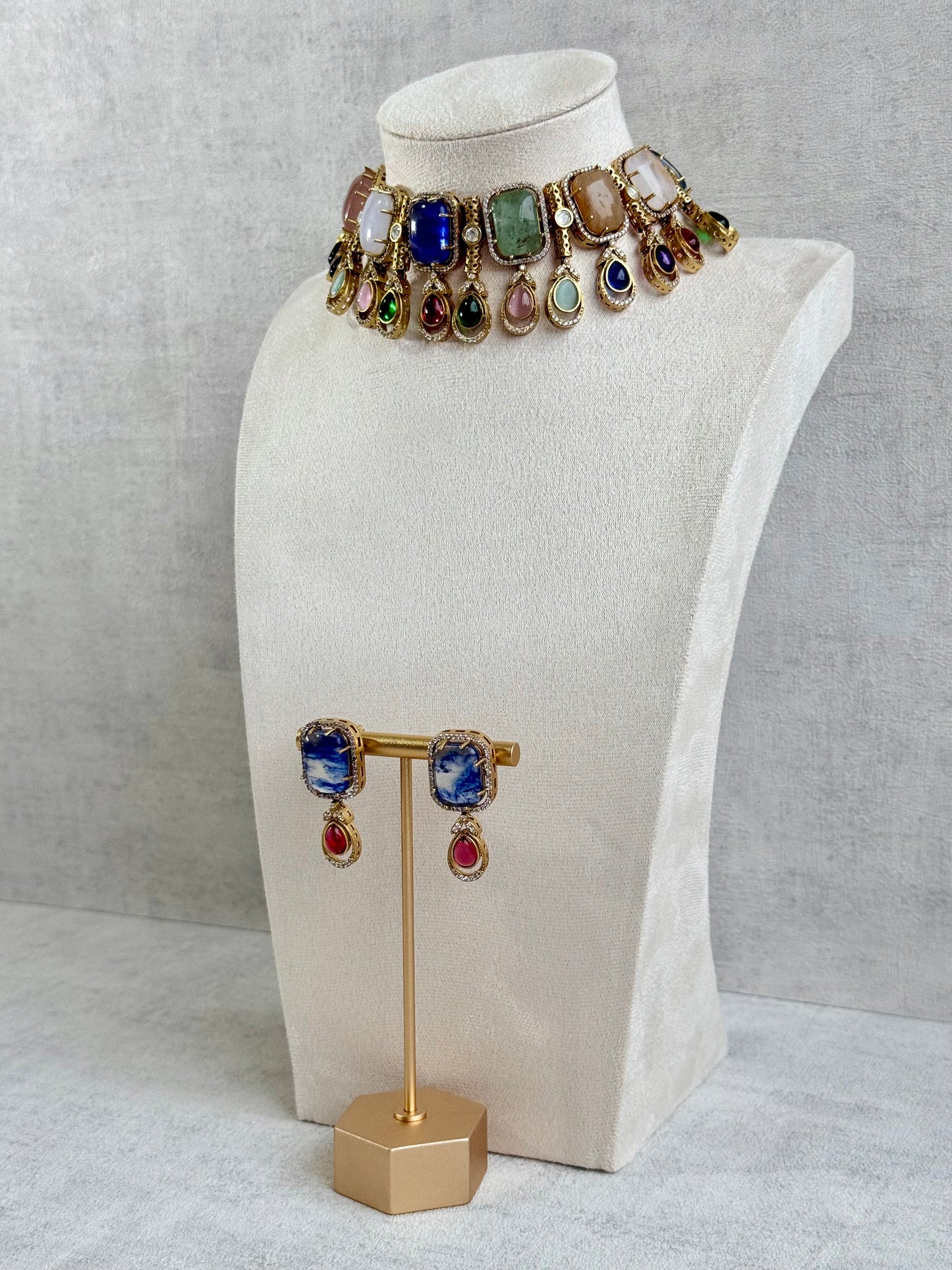 Ayura Designs Adelaide Necklace Set with Earrings – Multicolour Moissanite with Blue Stone Drop Earrings