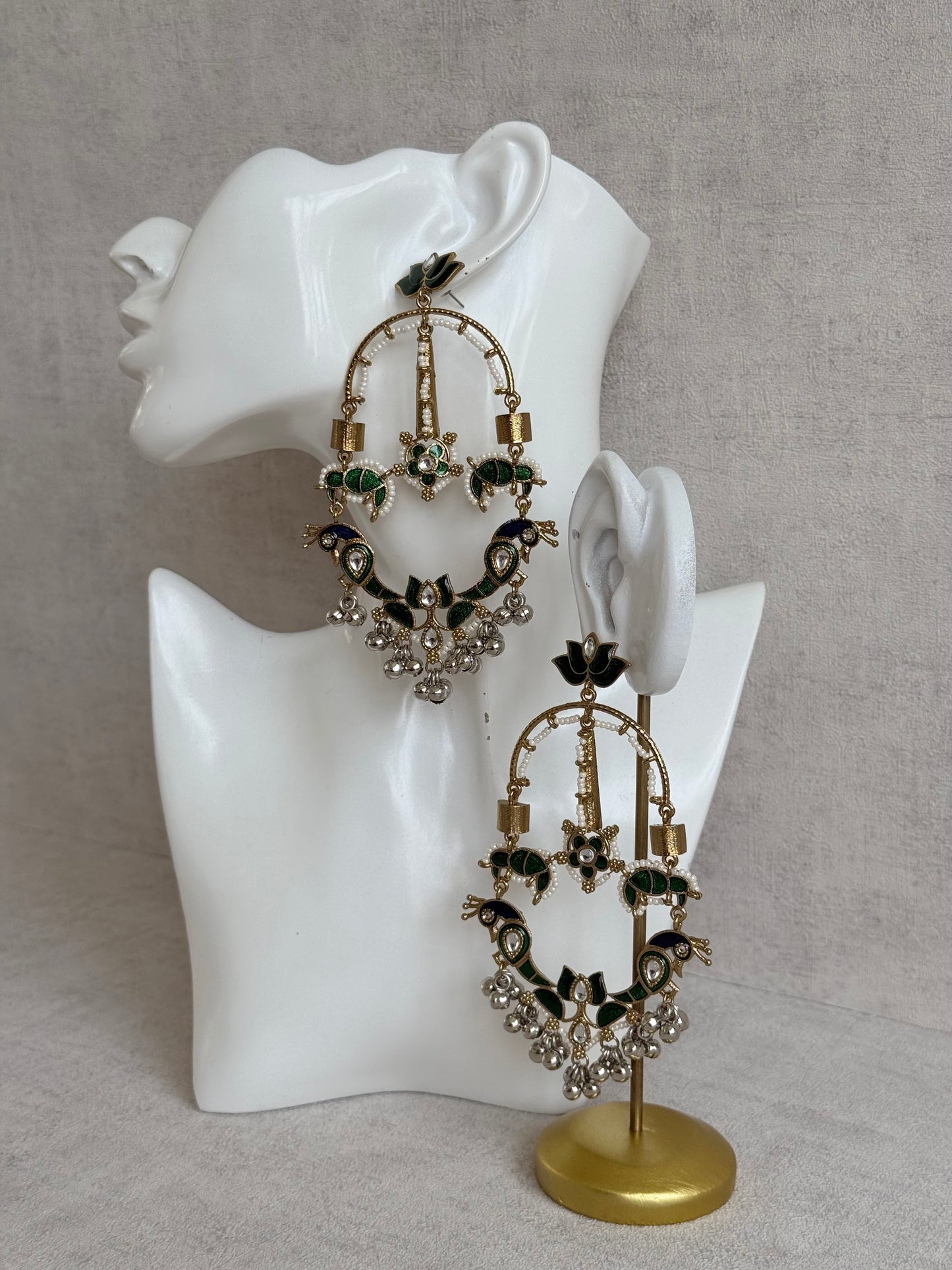 Ayura Designs Zoonpari Earrings – Emerald Green & Blue Meenakari Peacock Chandeliers in Dual Tone with Ghungroos