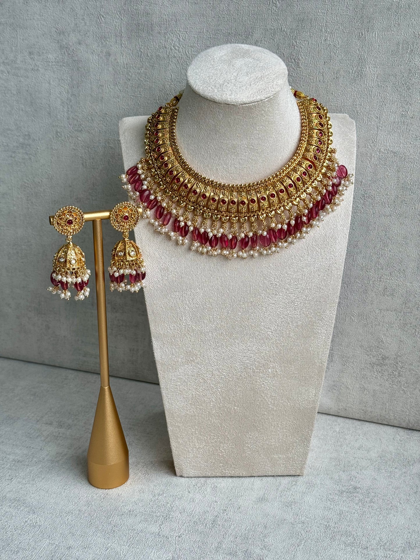 Ayura Designs Gulab Set with Jhumkis – Opulent Gold Adorned with Red & White Beads