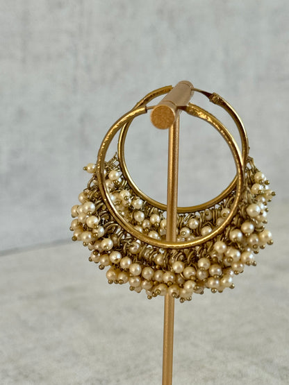Ayura Designs Sajni Balis – Antique Gold Hoop Earrings with Pearl Cluster Detailing