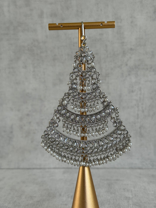 Ayura Designs Nia Jhoomar Passa – Antique Silver with Mirror-Cut Stones & Pearl Fringe Detailing