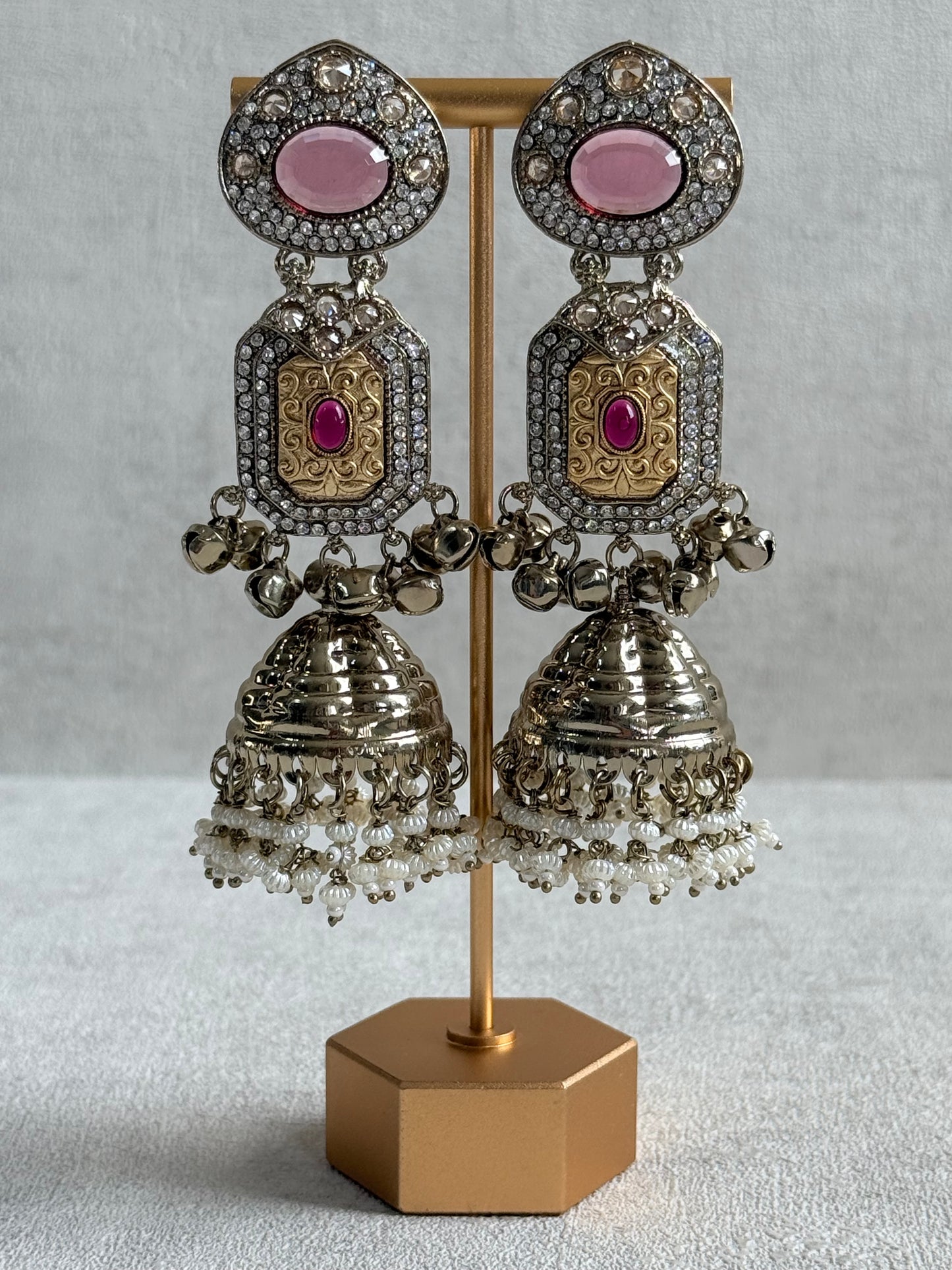 Ayura Designs Maara Jhumkis – Champagne Gold with Rose Pink & Rani Pink Stones, Crystals, Ghungroos & Pearl Detailing