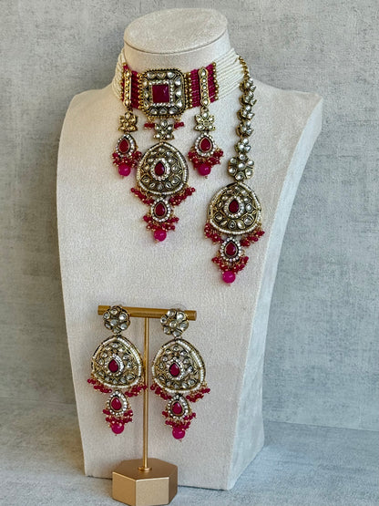 Ayura Designs Zarmeen Choker Set with Earrings & Tikka – Mirror-Cut Stones, Antique Gold Finish and Hot Pink Beads