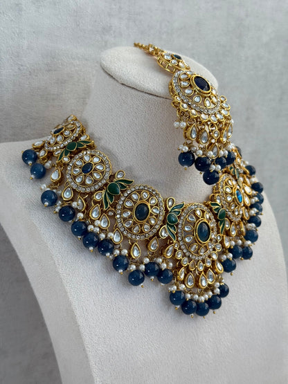 Ayura Designs Zara Set with Necklace, Earrings, Tikka & Passa – Antique Gold with Kundan Detailing & Ink Blue Stones & Beads