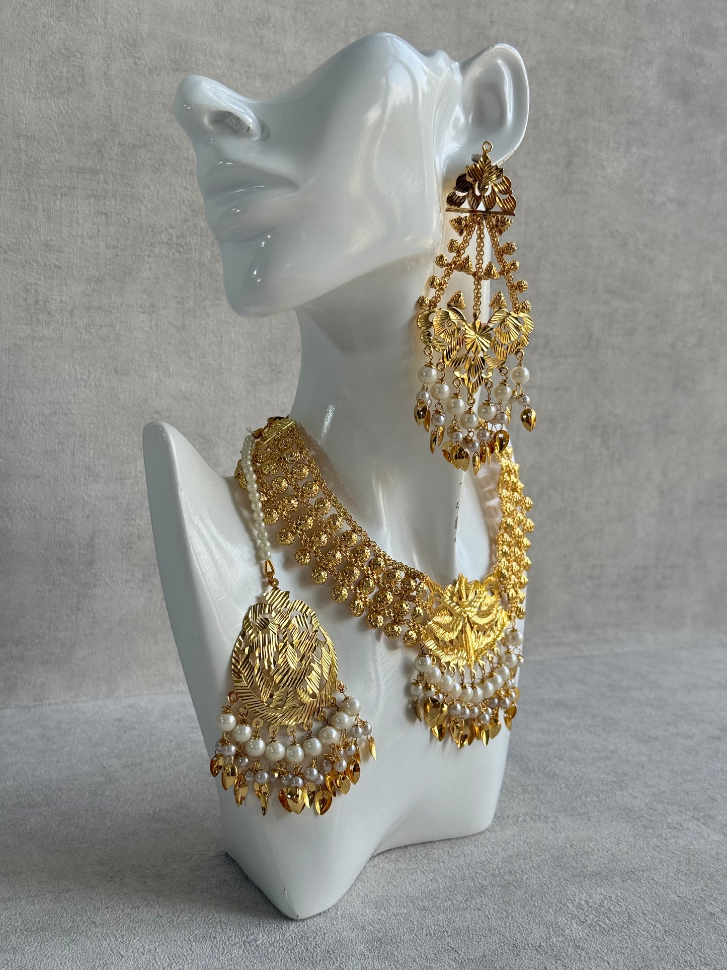Ayura Designs Jasira Necklace Set with Earrings & Tikka – Pippal Patti Design with Swan & Peacock Motifs, Ivory Pearls & Gold Finish