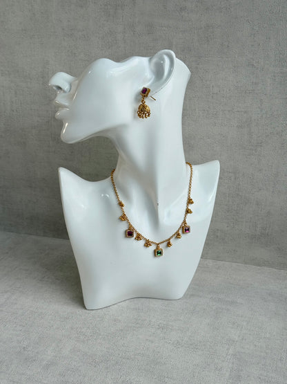Ayura Designs Smita Set with Necklace & Earrings – Ruby Pink & Emerald Green Stones with Gold-Tone Ghungroo Detailing