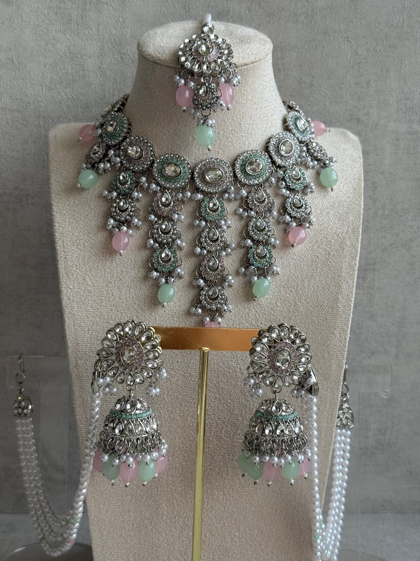 Ayura Designs Nawal Set – Necklace, Jhumkis, Tikka & Detachable Sahare with Mint & Blush Beads, Pearls & Antique Silver Finish