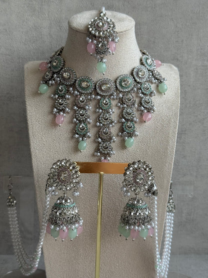 Ayura Designs Nawal Set – Necklace, Jhumkis, Tikka & Detachable Sahare with Mint & Blush Beads, Pearls & Antique Silver Finish