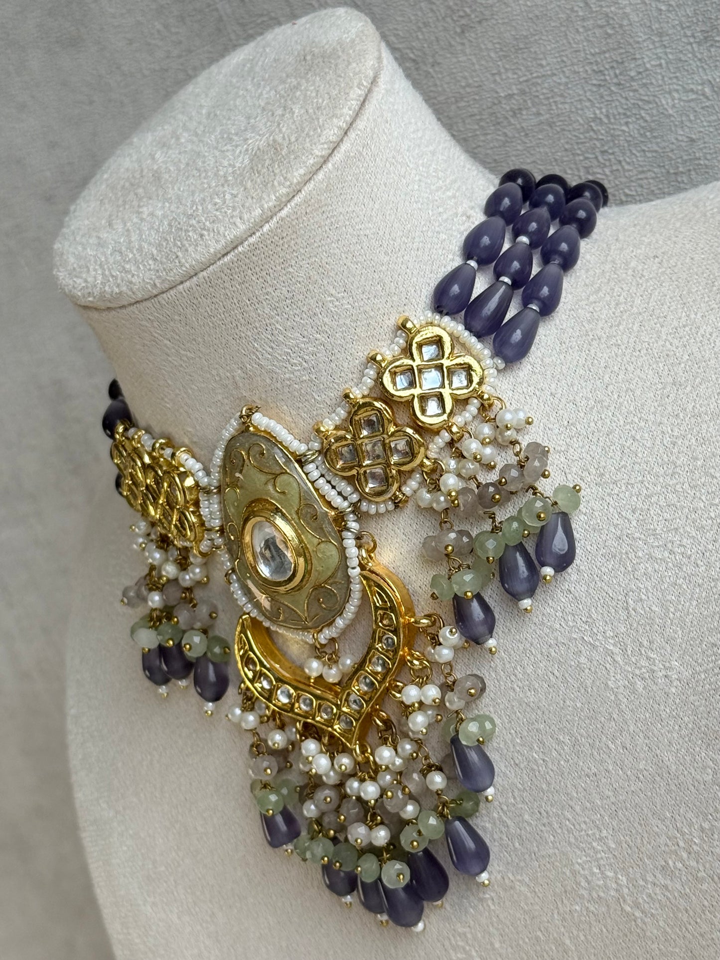 Ayura Designs Zarwali Meenakari Kundan Choker Set with Earrings – Dusty Lavender & Pearl Bead Detailing