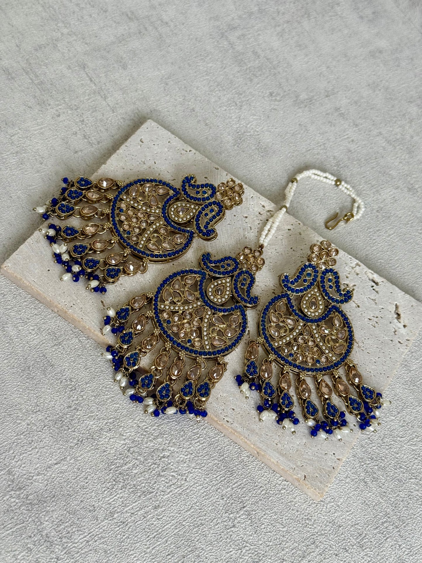 Ayura Designs Anvi Tikka Set with Earrings – Ink Blue with Champagne Stones & Pearl Drops
