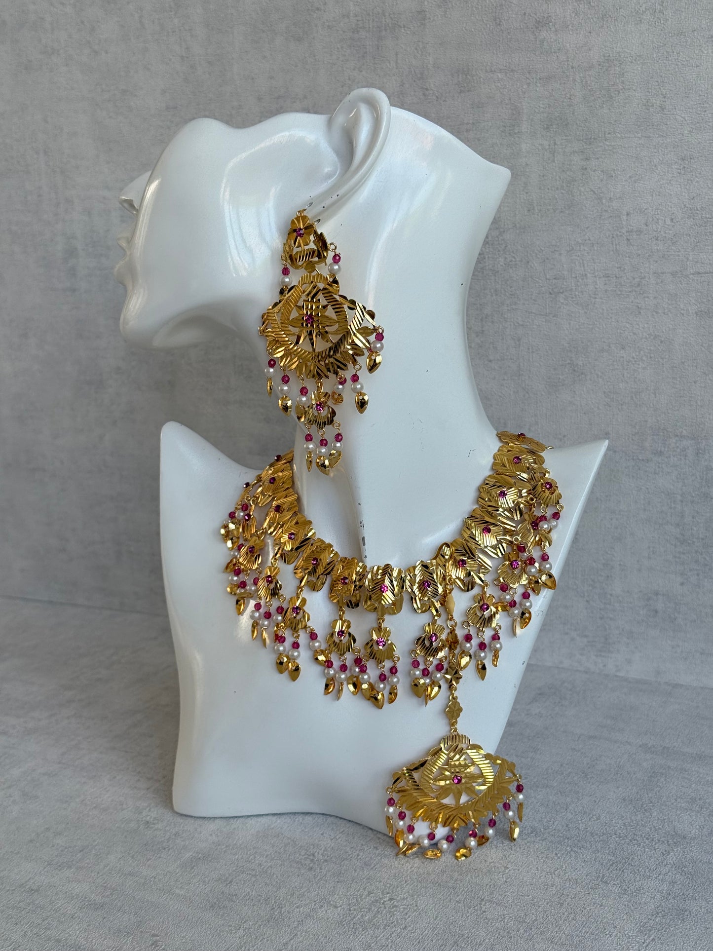 Ayura Designs Baisakhi Set with Earrings & Tikka – Gold Pipal Patti Design with Ruby Pink Beads & Pearl Detailing