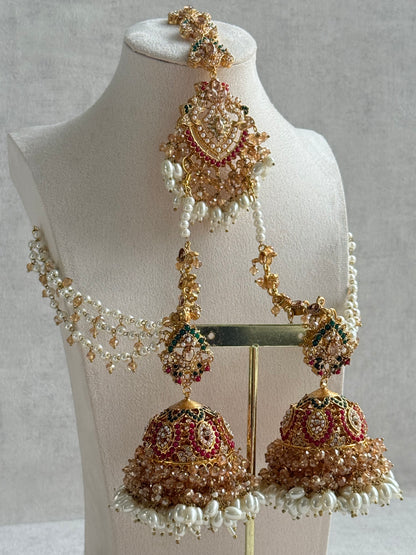 Ayura Designs Safia Tikka Set with Sahare Earrings – Champagne Crystals with Ruby & Emerald