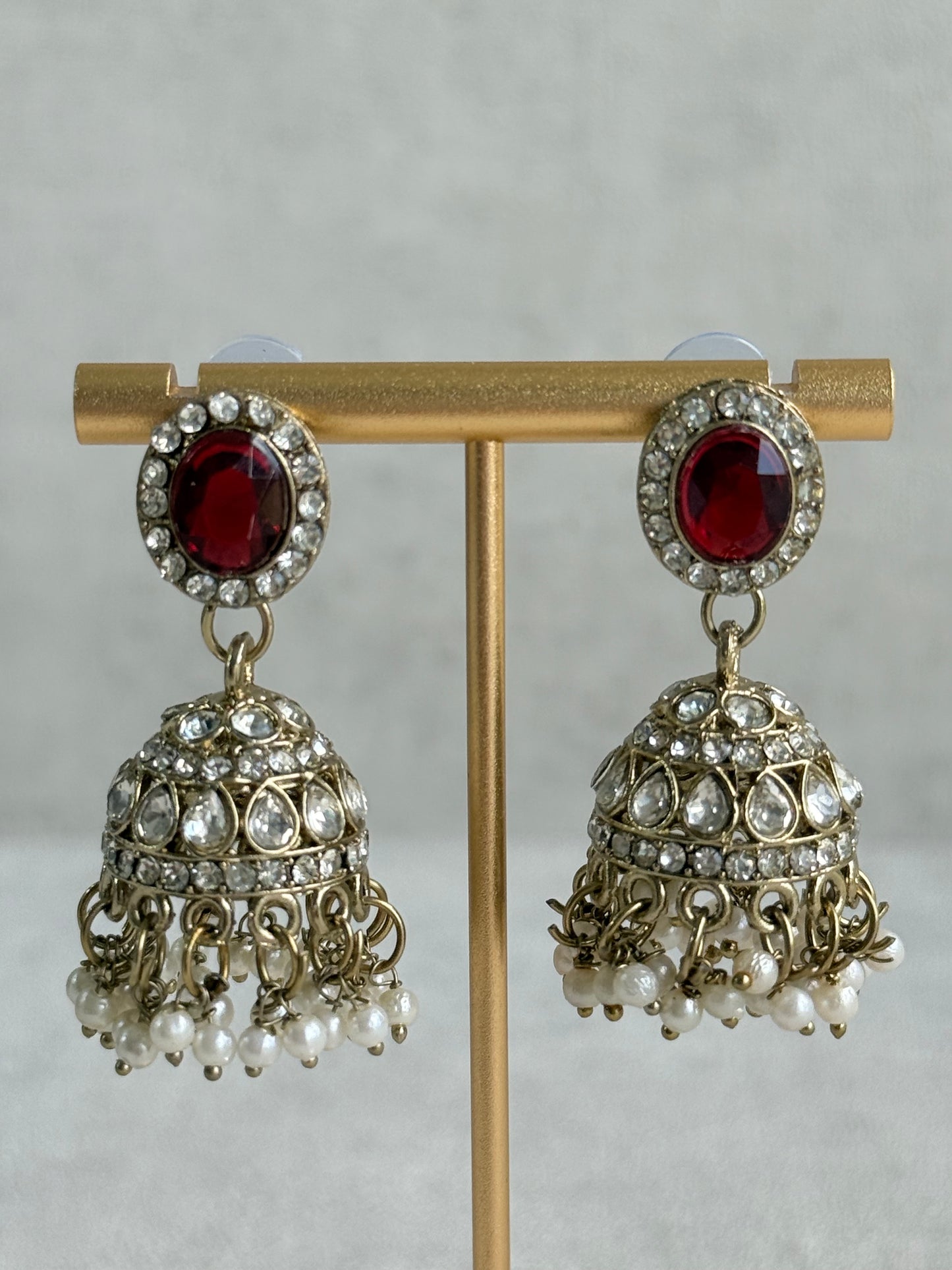 Ayura Designs Eira Necklace Set with Earrings & Tikka – Ruby Red & Crystal Stones with Antique Gold Finish