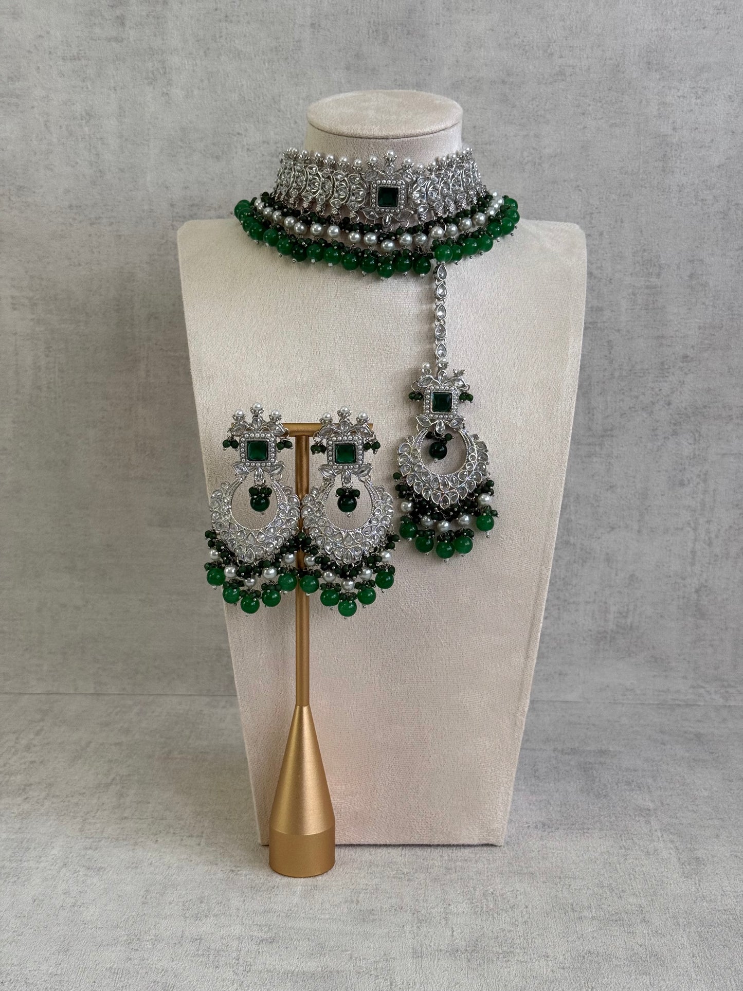 Ayura Designs Sarwat Choker Set – Emerald Green Stones, Ivory Pearl Drops & Antique Silver Finish