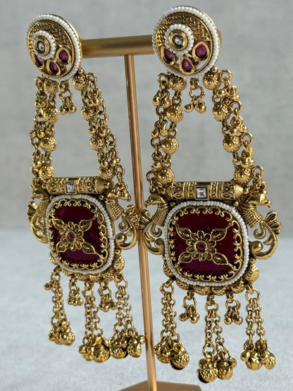 Ayura Designs Hazar Earrings – Gold Peacock Design with Ruby Red Enamel, Pearl Beading & Ghungroo Detailing
