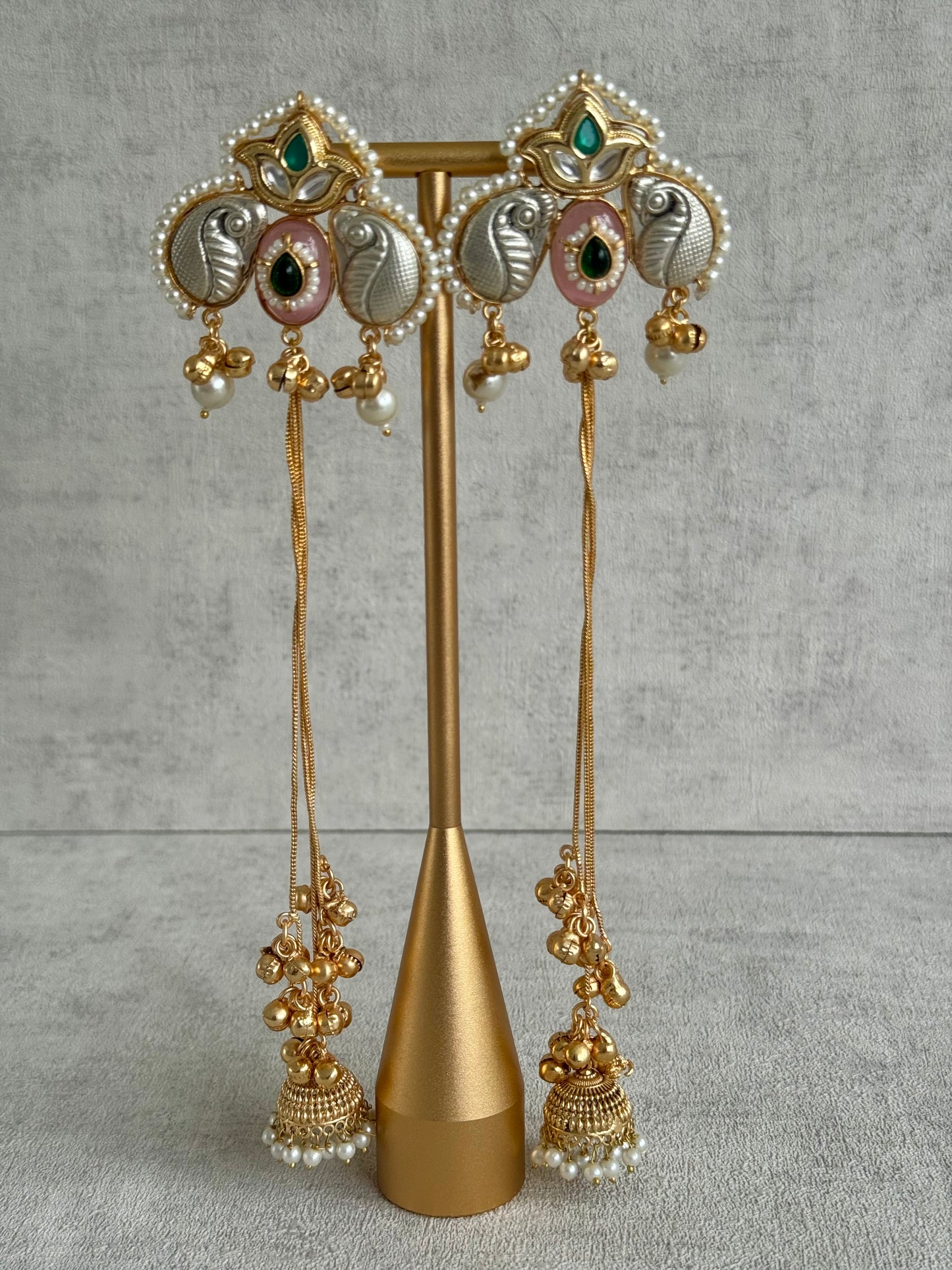 Ayura Designs Sozni Kashmiri Earrings – Meenakari with Blush Pink & Emerald Detailing
