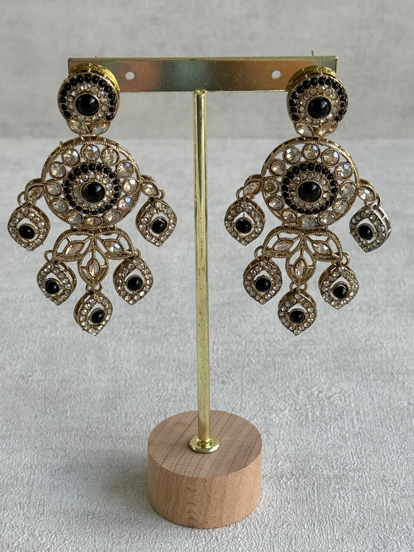 Ayura Designs Vanika Earrings – Black & Champagne Crystal Gold Finish