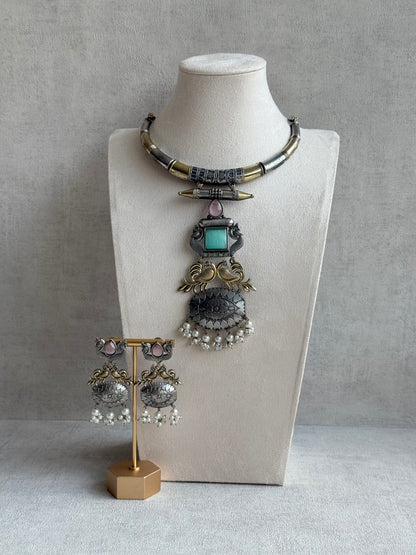 Ayura Designs Tansen Necklace Set with Earrings – Dual Tone Oxidised Necklace with Bird Motifs, Aqua Centre Stone & Pearl Detailing